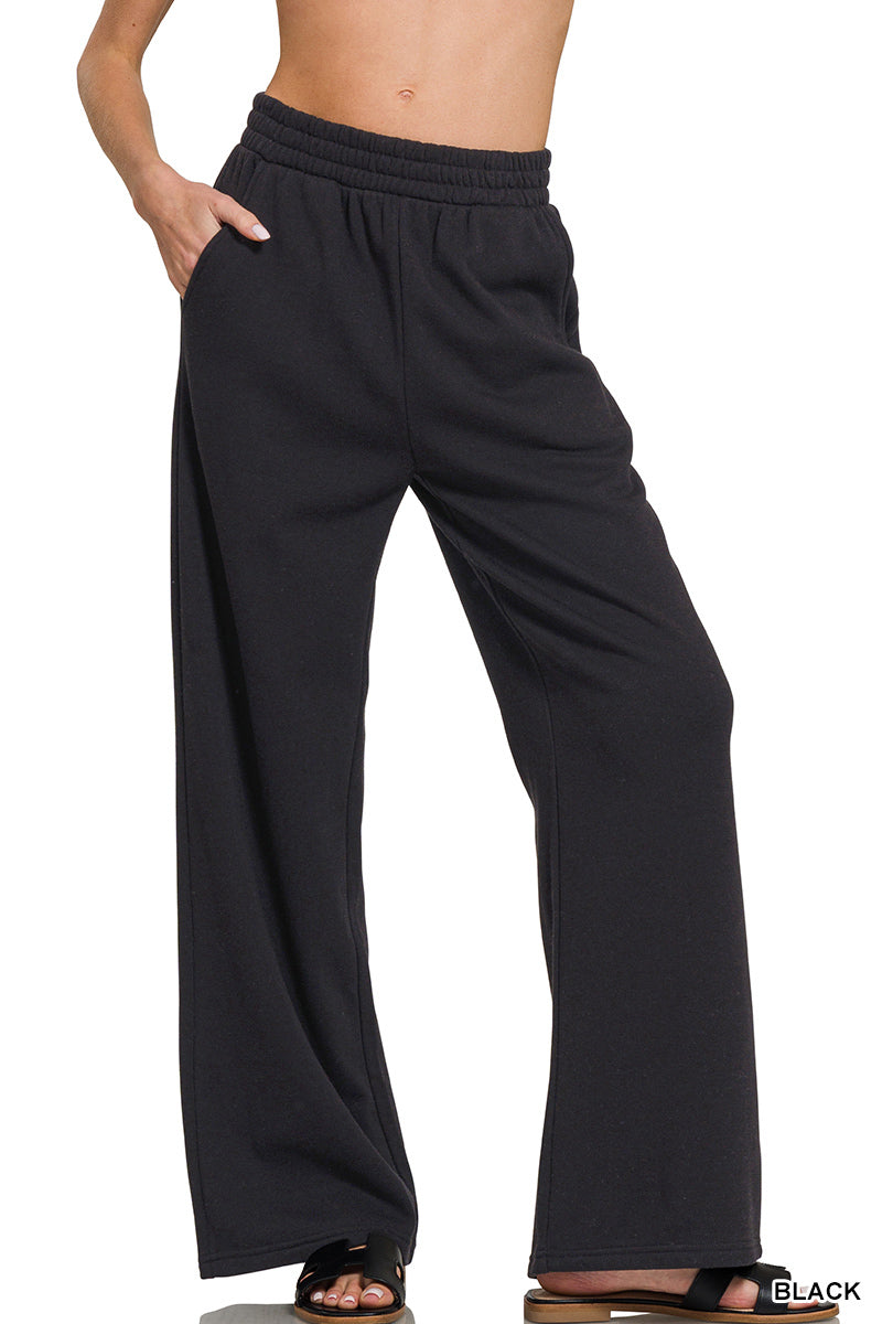Zenana Fleece Wide Leg Pants with Pockets | Elastic Waist Lounge Pants