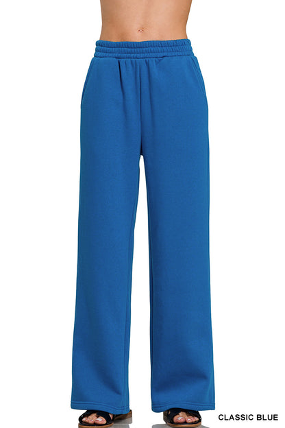 Zenana Fleece Wide Leg Pants with Pockets | Elastic Waist Lounge Pants