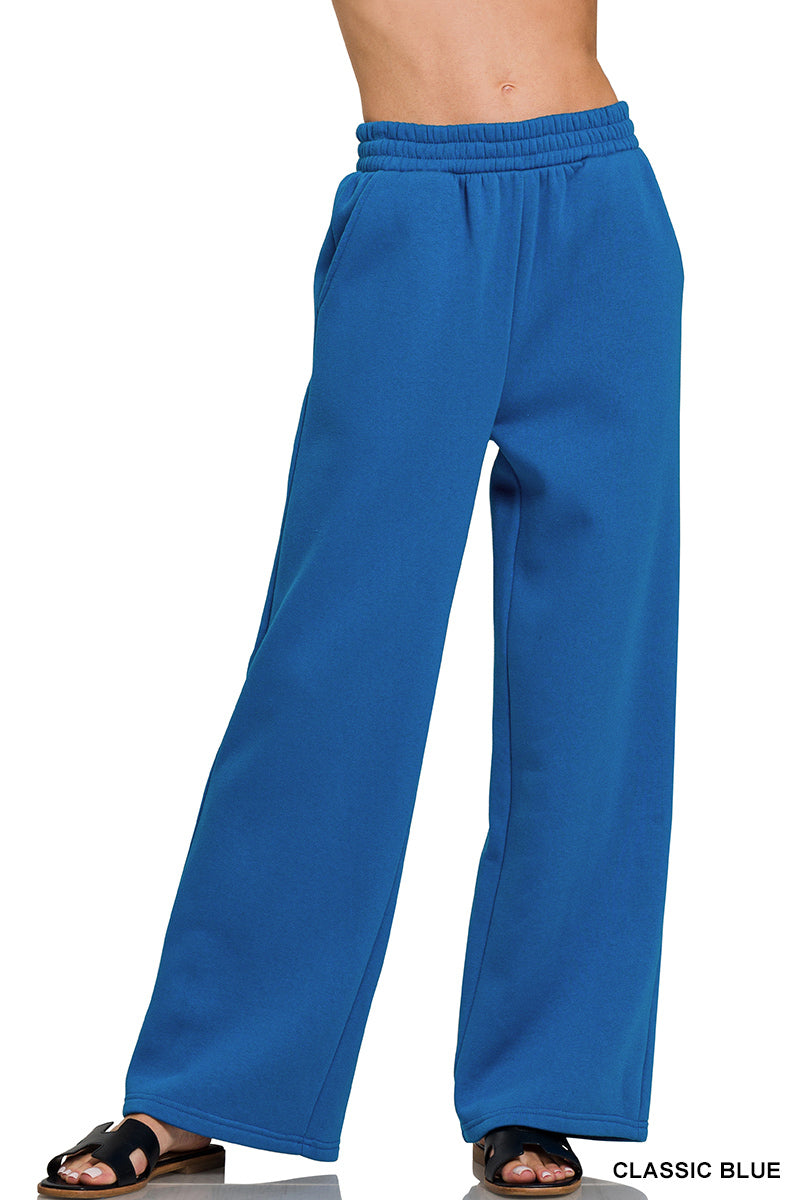 Zenana Fleece Wide Leg Pants with Pockets | Elastic Waist Lounge Pants