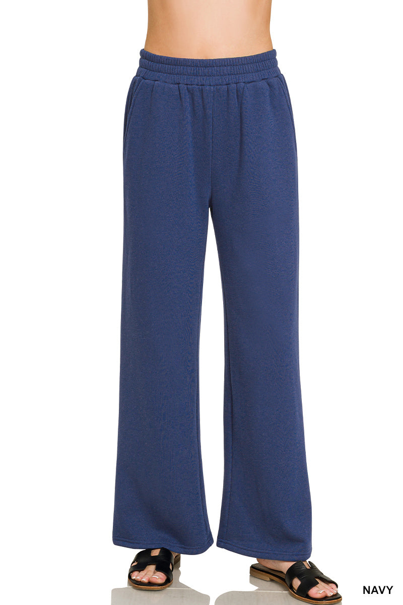 Zenana Fleece Wide Leg Pants with Pockets | Elastic Waist Lounge Pants