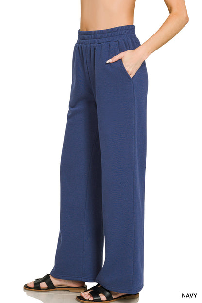 Zenana Fleece Wide Leg Pants with Pockets | Elastic Waist Lounge Pants