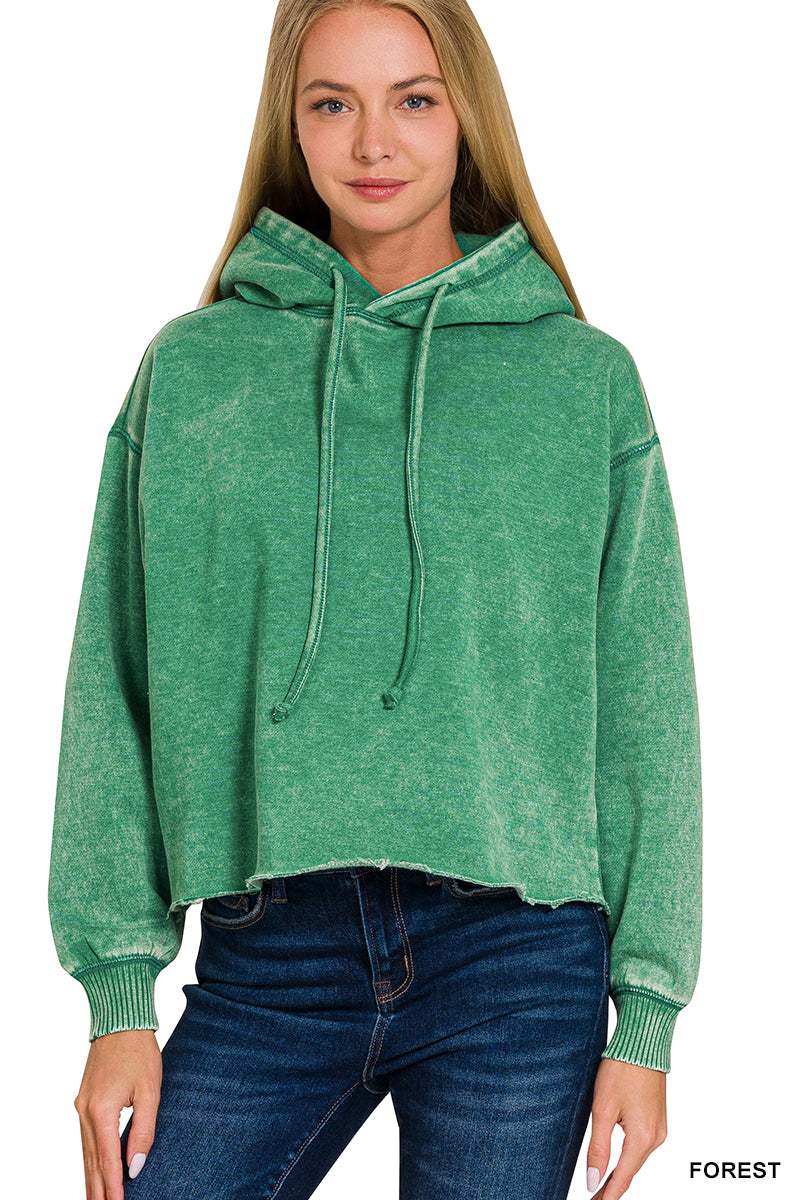 ACID WASH FLEECE CROPPED HOODIE