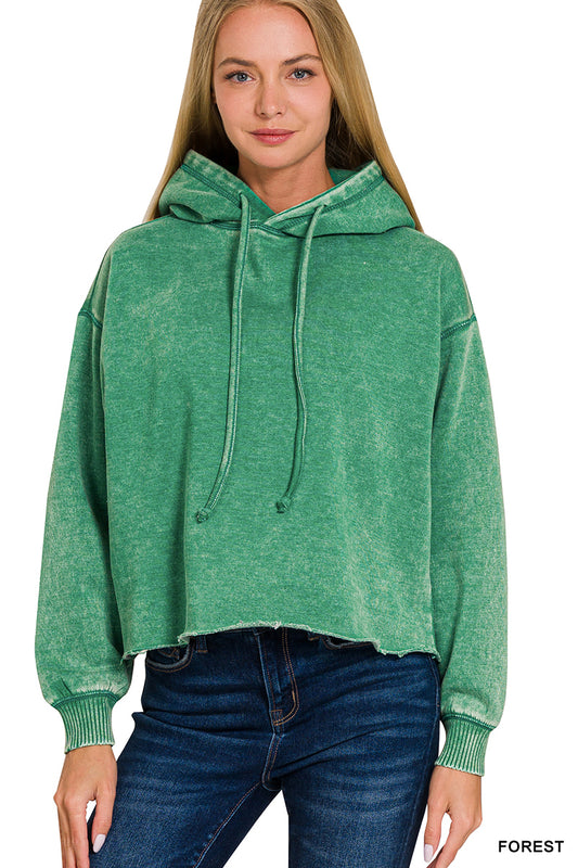 ACID WASH FLEECE CROPPED HOODIE