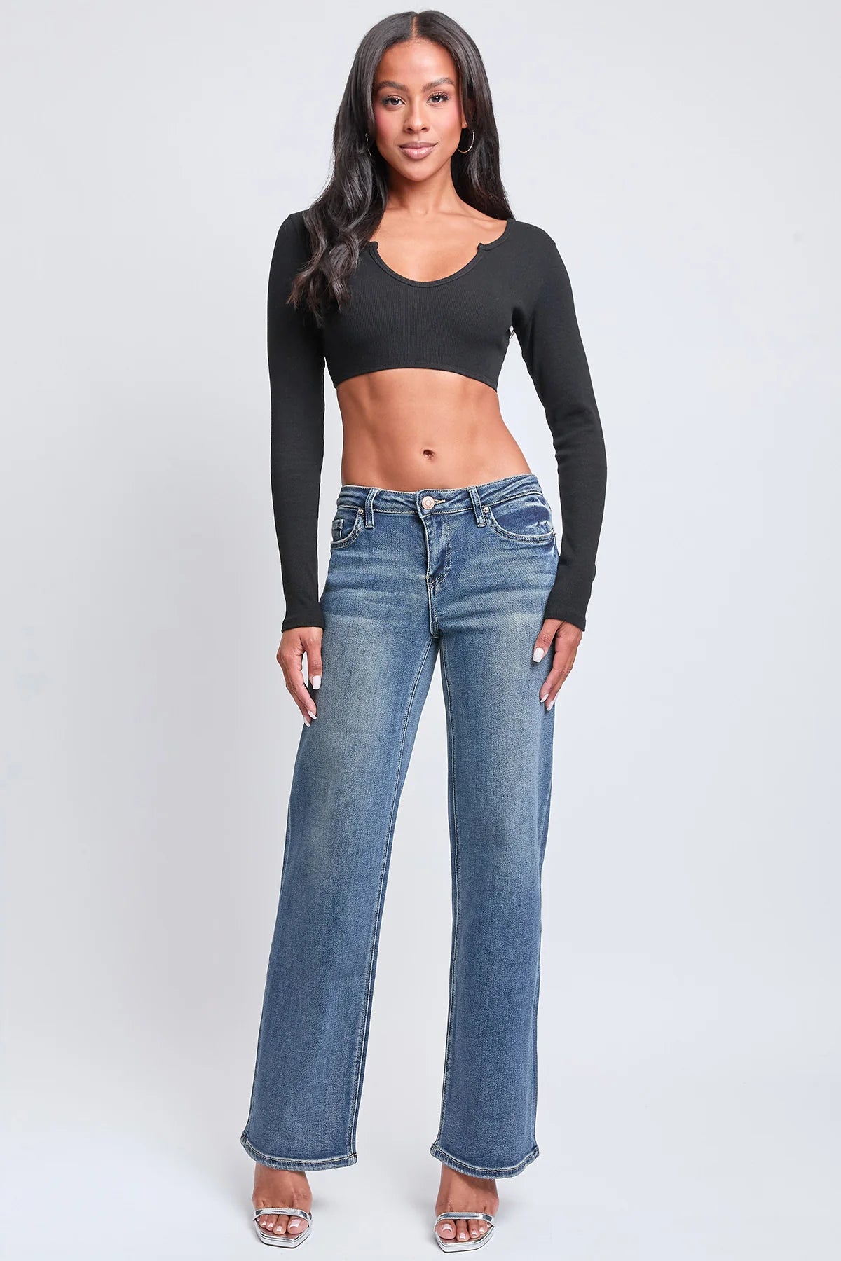 JUNIOR MID RISE WIDE LEG PREMIUM DENIM JEAN YMI