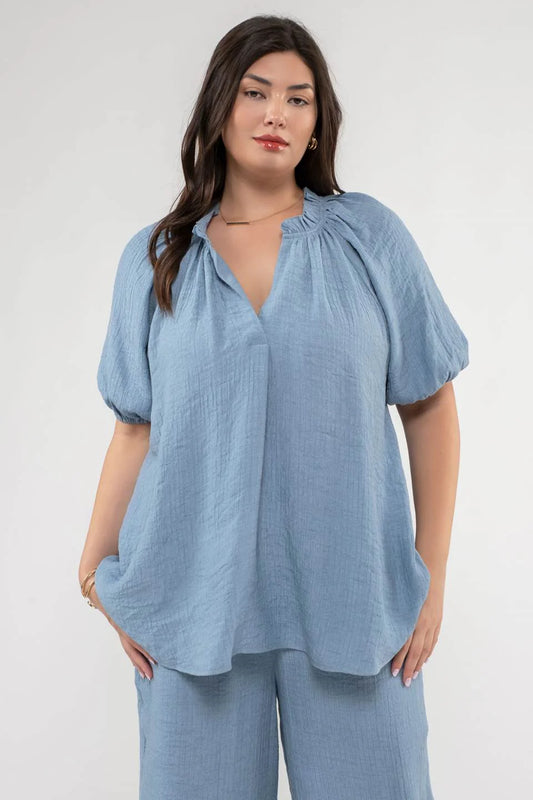 PLUS SCRUNCHED ELASTIC VNECK SHIRT BLU PEPPER