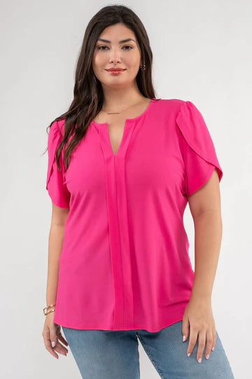 Plus Drape-Sleeve Split-Neck Top – Blu Pepper Flowy Blouse