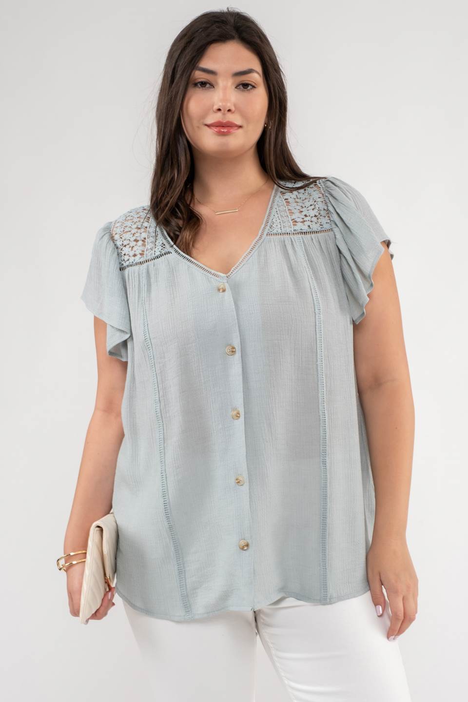 PLUS EYELET YOKE V NECK BUTTON DOWN LACE TRIM TOP Blu Pepper