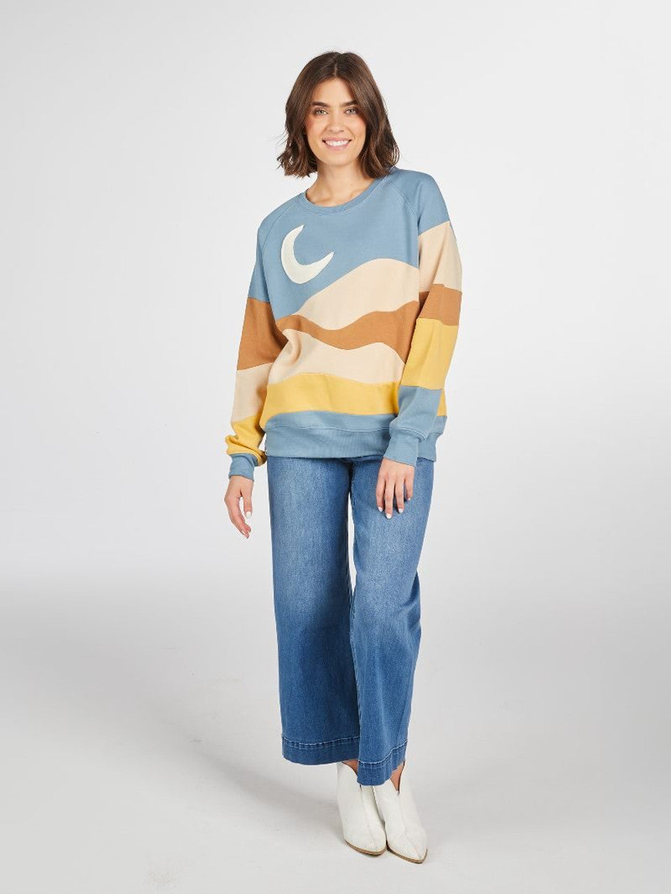 The “Moonbeam Patchwork” Crewneck – Cozy Multicolor Magic