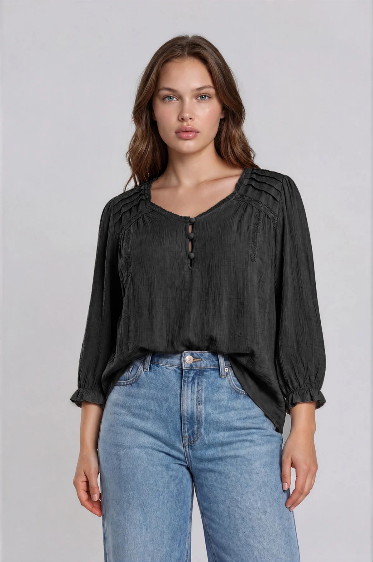 Midnight Romance Crochet Trim Blouse | Black V-Neck Henley Top with 3/4 Sleeves