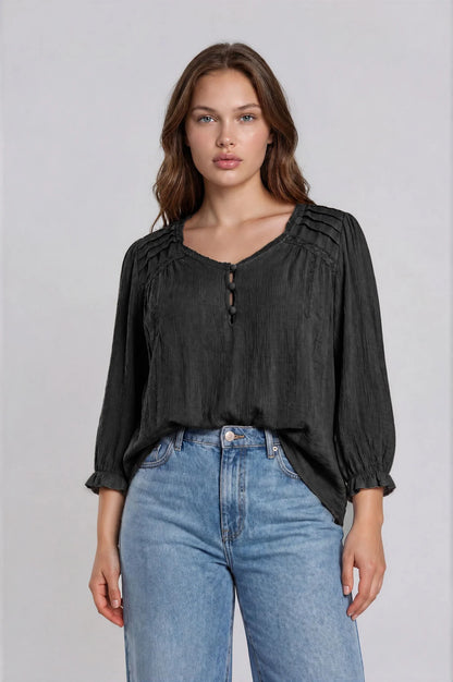 Midnight Romance Crochet Trim Blouse | Black V-Neck Henley Top with 3/4 Sleeves