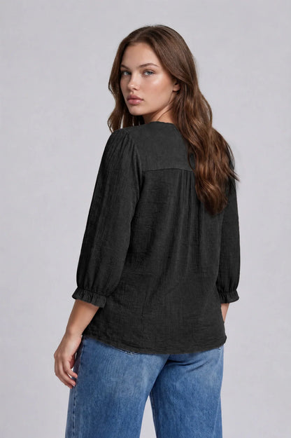 Midnight Romance Crochet Trim Blouse | Black V-Neck Henley Top with 3/4 Sleeves