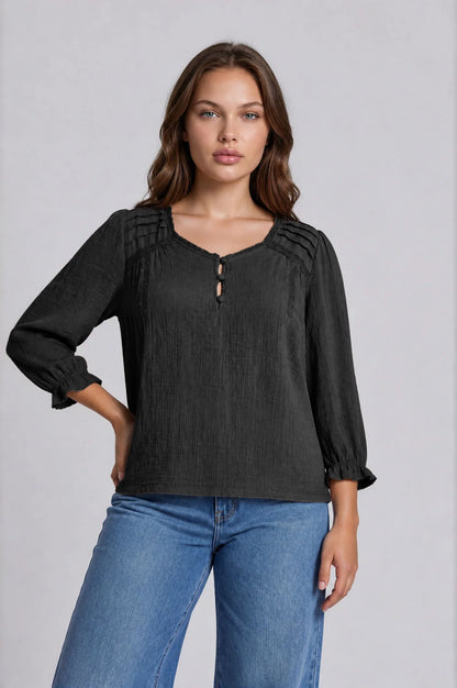 Midnight Romance Crochet Trim Blouse | Black V-Neck Henley Top with 3/4 Sleeves