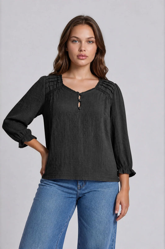 Midnight Romance Crochet Trim Blouse | Black V-Neck Henley Top with 3/4 Sleeves