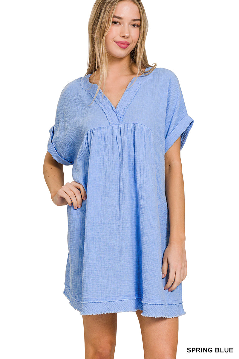 GAUZE ROLLED SHORT SLEEVE RAW EDGE V-NECK DRESS ZENANA