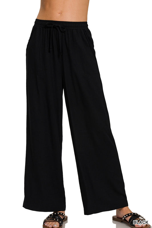 WIDE-LEG LINEN BLEND PANTS WITH POCKETS Zenana