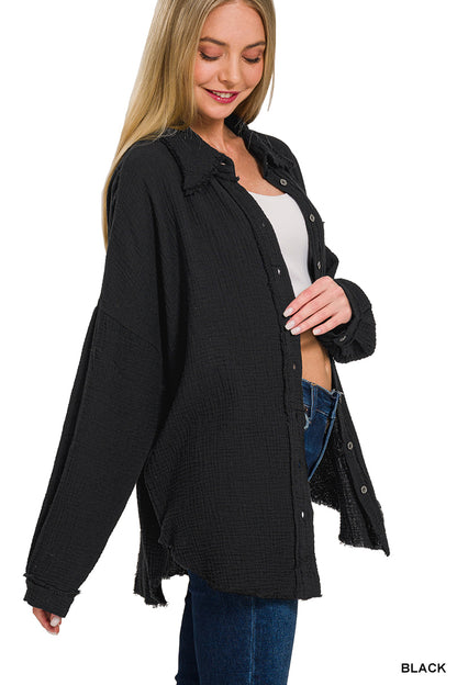 Zenana Distressed Double Gauze Button Up