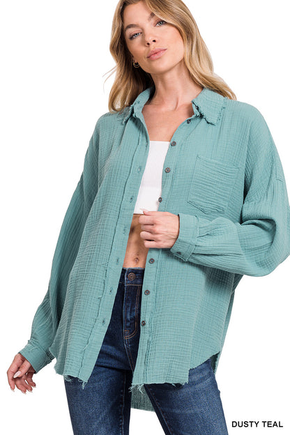 Zenana Distressed Double Gauze Button Up