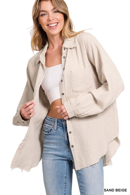 Zenana Distressed Double Gauze Button Up
