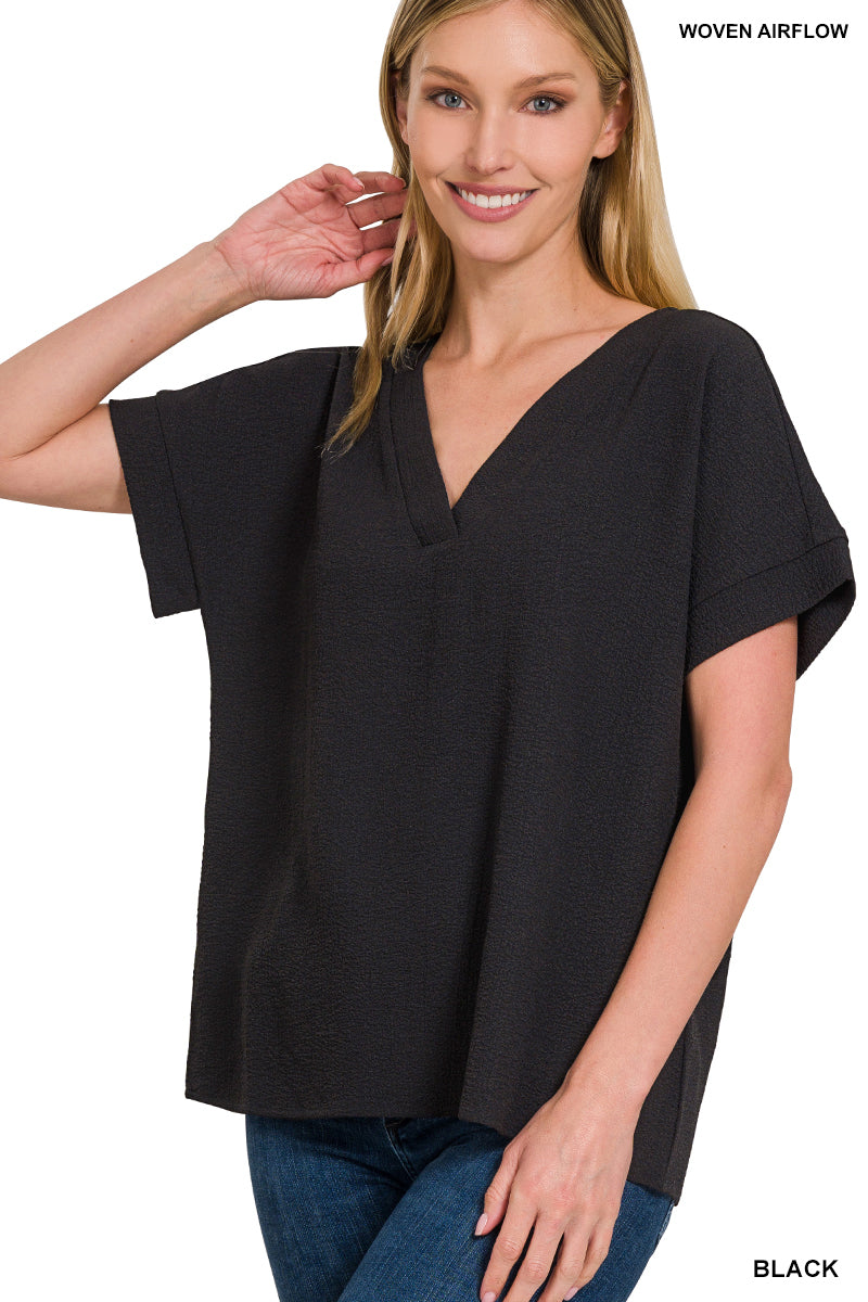 WOVEN BUBBLE AIRFLOW V-NECK SHORT SLEEVE TOP