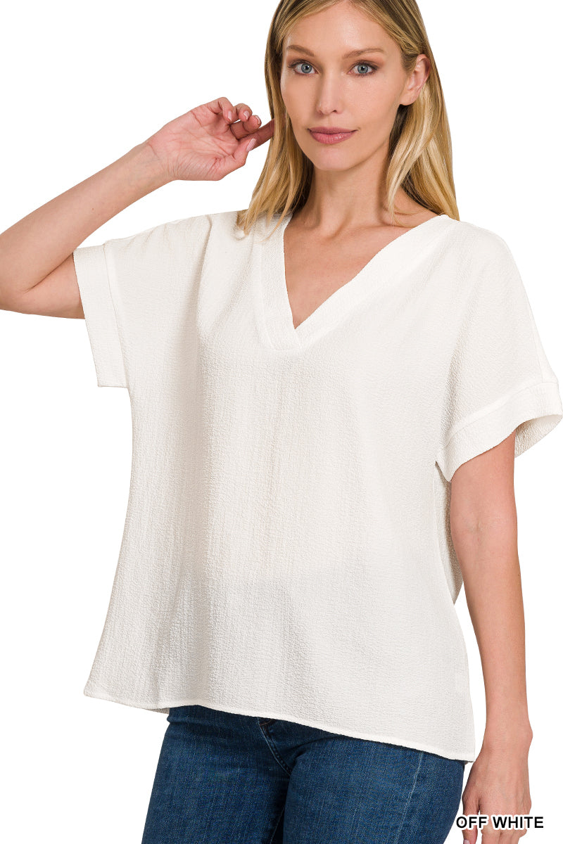 WOVEN BUBBLE AIRFLOW V-NECK SHORT SLEEVE TOP