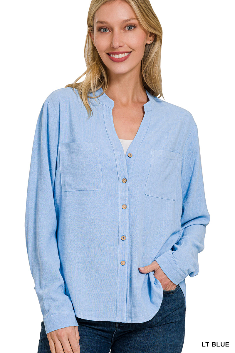 LINEN HENLEY NECKLINE LONG SLEEVE BUTTON DOWN TOP ZENANA