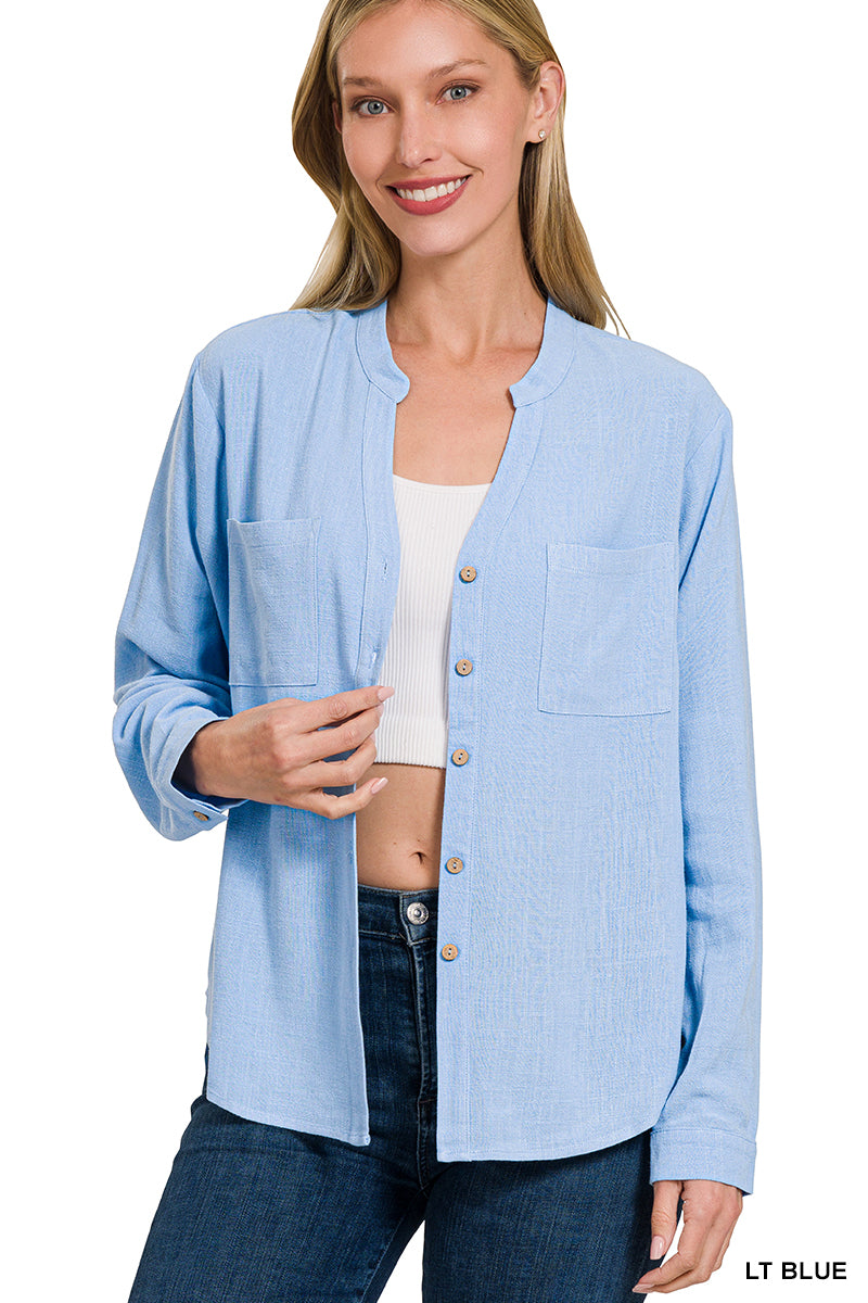 LINEN HENLEY NECKLINE LONG SLEEVE BUTTON DOWN TOP ZENANA