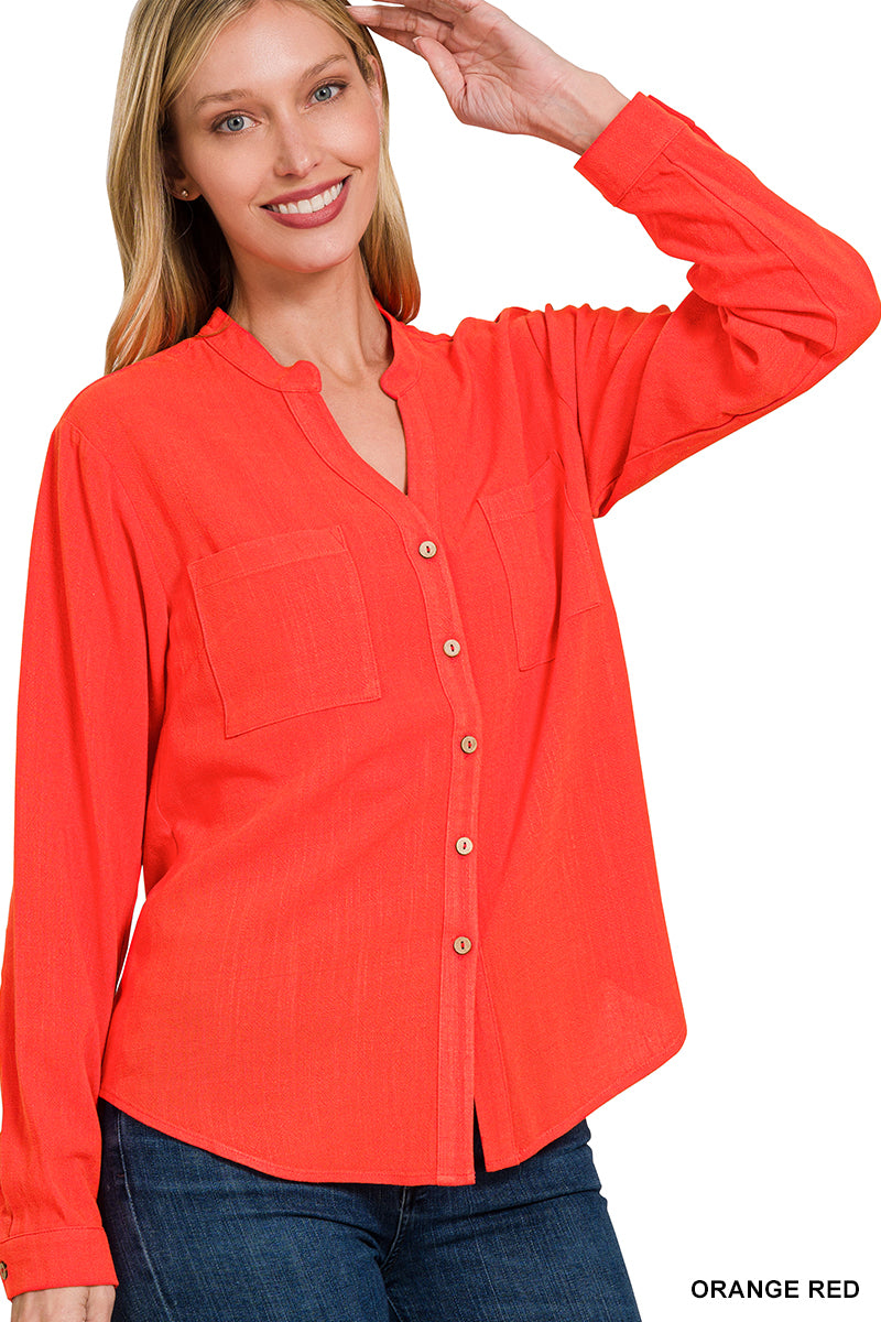 LINEN HENLEY NECKLINE LONG SLEEVE BUTTON DOWN TOP ZENANA