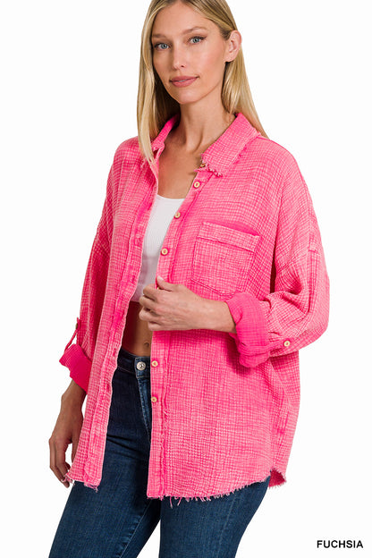 Zenana Distressed Double Gauze Button Up