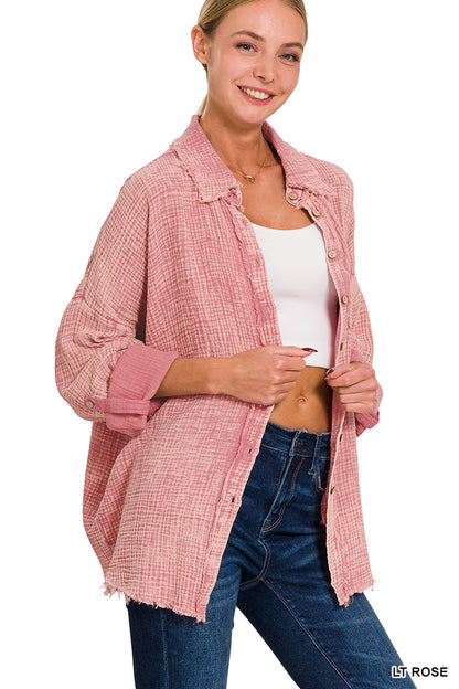 Zenana Distressed Double Gauze Button Up