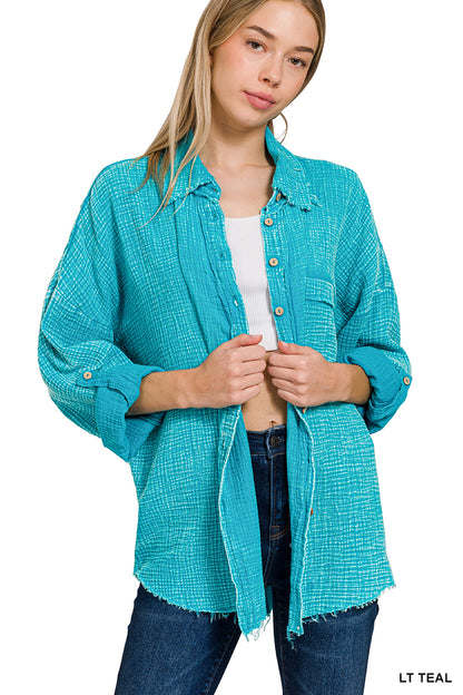 Zenana Distressed Double Gauze Button Up
