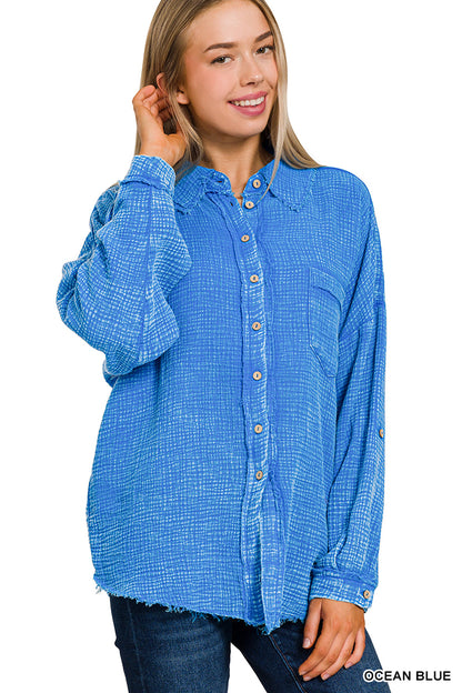 Zenana Distressed Double Gauze Button Up