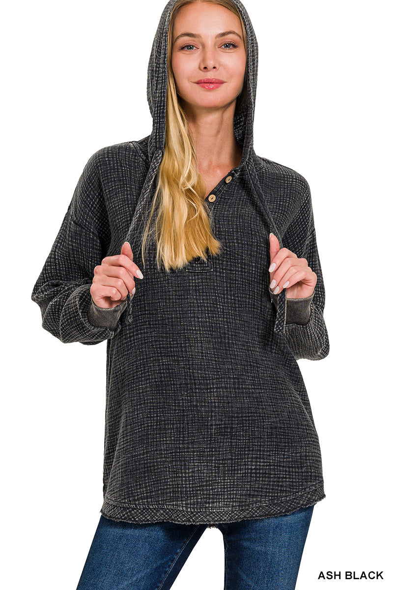 WASHED DOUBLE GAUZE BUTTON CLOSURE HOODIE Zenana