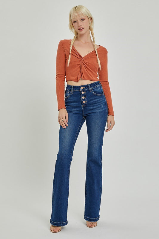 HIGH RISE BUTTON DOWN BOOT CUT JEANS by Risen