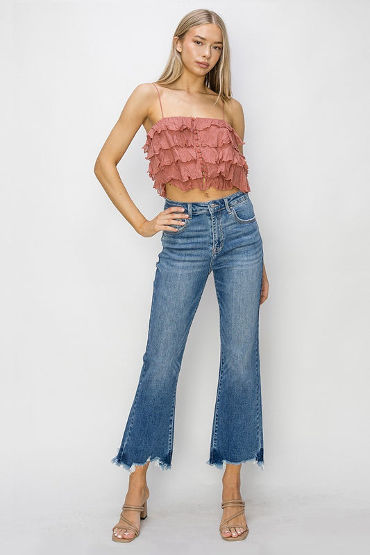 HIGH RISE-CROP FLARE-FRAY HEM JEANS RISEN