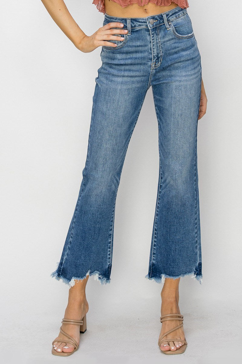 HIGH RISE-CROP FLARE-FRAY HEM JEANS RISEN