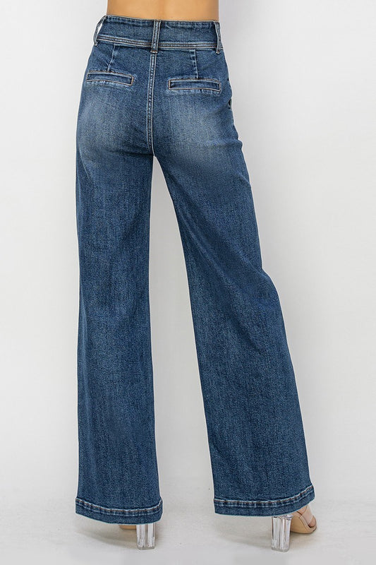 Risen high rise wide leg jeans with double button waist