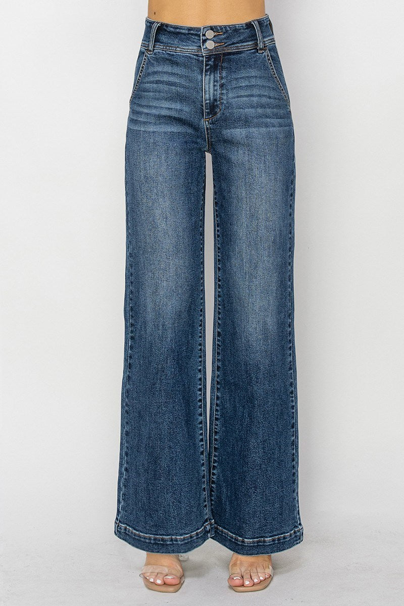 Risen high rise wide leg jeans with double button waist