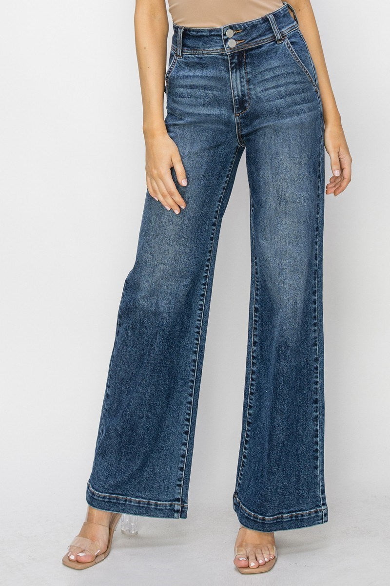 Risen high rise wide leg jeans with double button waist