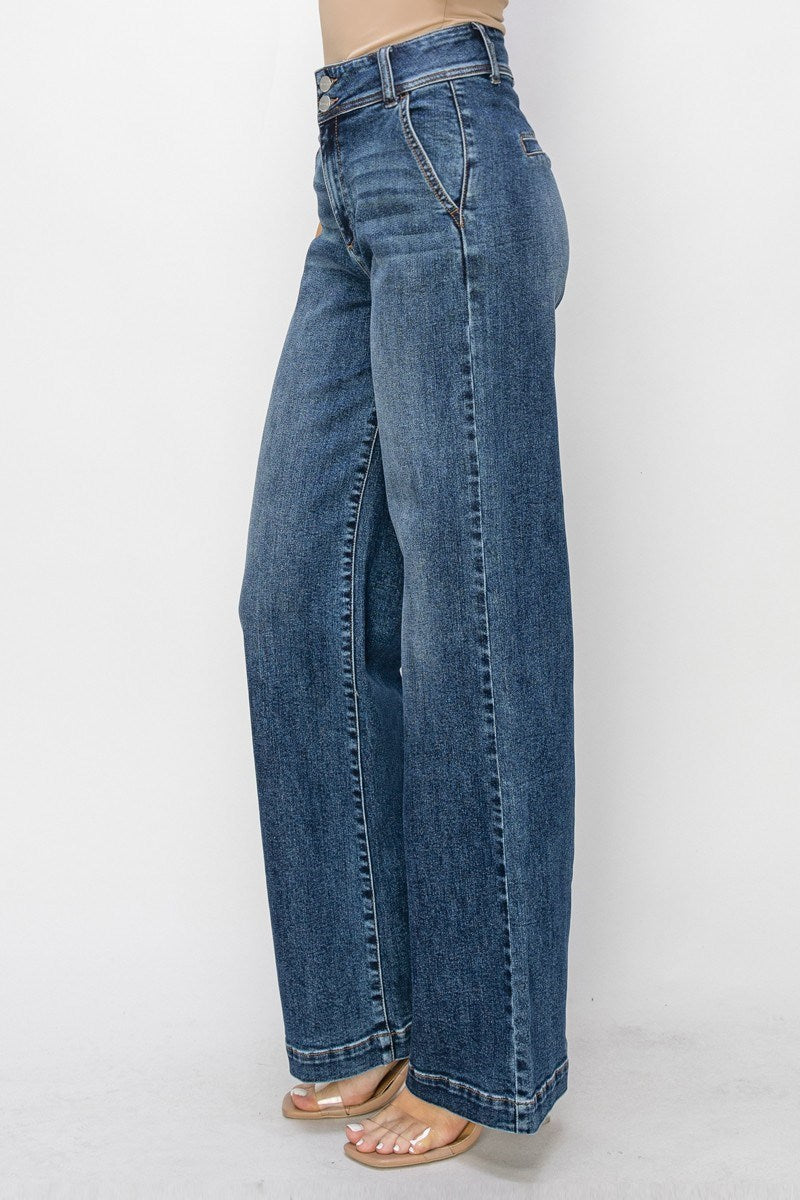 Risen high rise wide leg jeans with double button waist