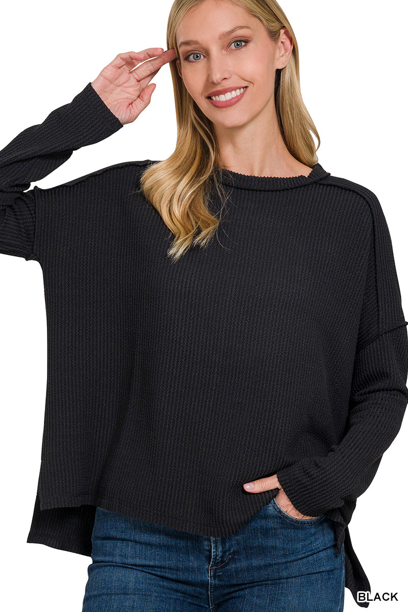 TEXTURED LINE RAW EDGE BOAT NECK LONG SLEEVE TOP ZENANA