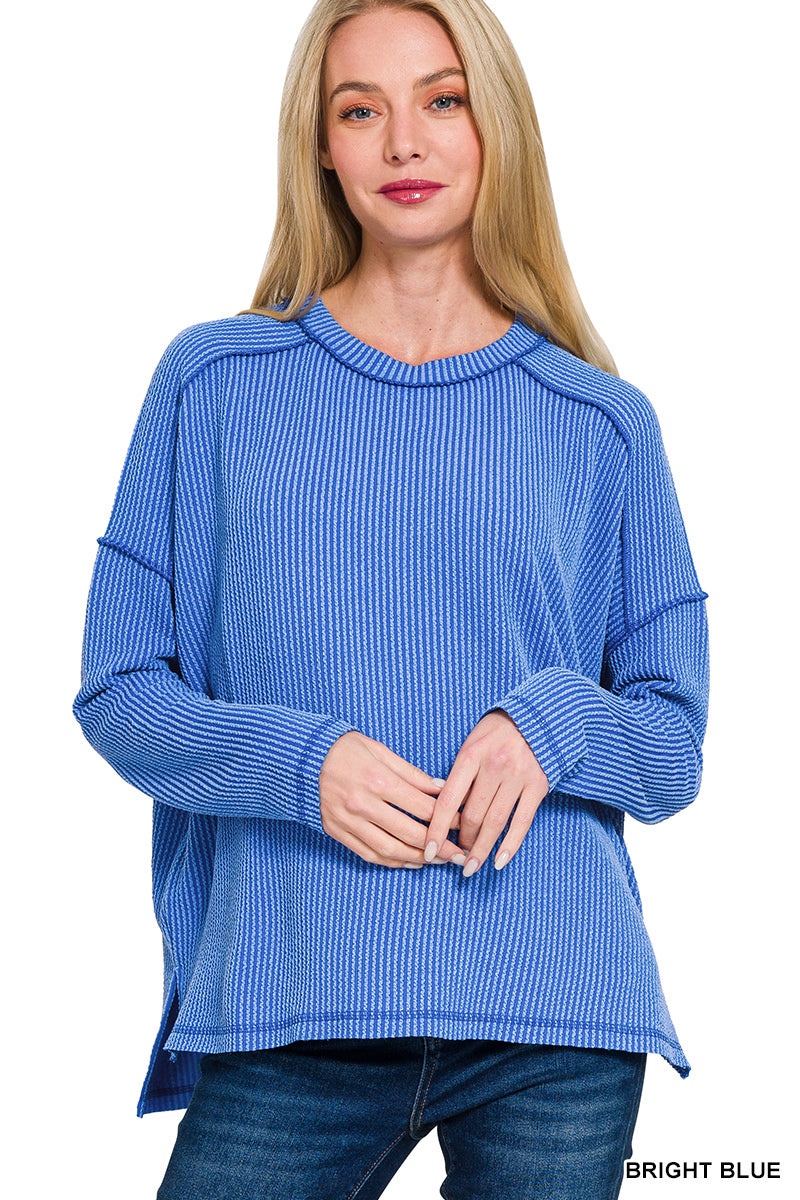 TEXTURED LINE RAW EDGE BOAT NECK LONG SLEEVE TOP ZENANA