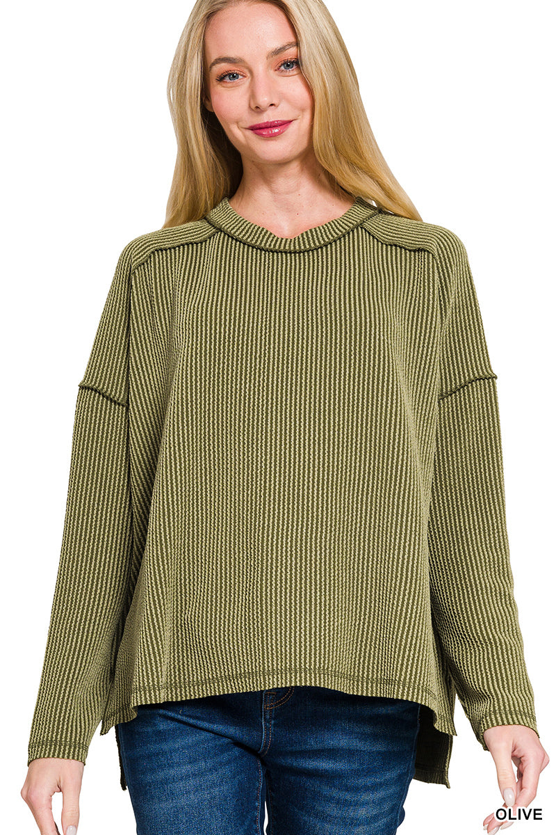 TEXTURED LINE RAW EDGE BOAT NECK LONG SLEEVE TOP ZENANA