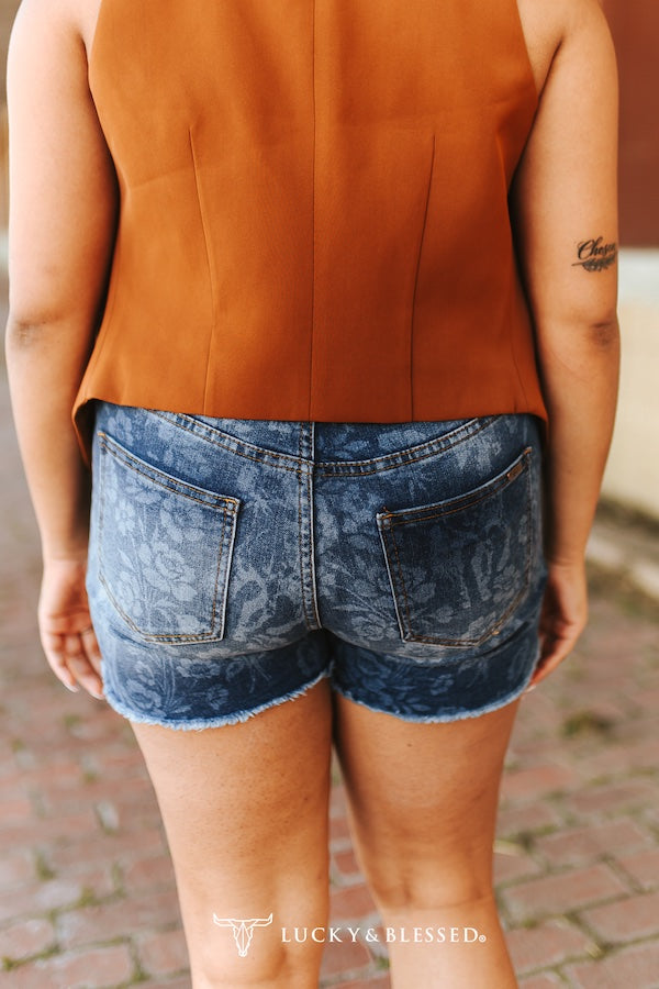 Horse Floral Stretch Denim Shorts – Mid Rise Frayed Hem Side Slit Shorts (4.5” Inseam) by Lucky & Blessed