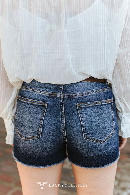 Dark Wash High Rise Frayed Hem Denim Shorts – 4.5” Inseam by Lucky & Blessed