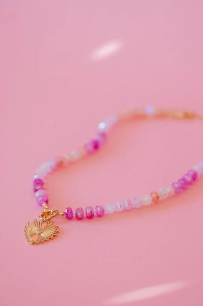 Pink Bloom Necklace | Pink Stone Heart Charm Adjustable Necklace