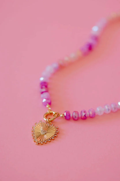 Pink Bloom Necklace | Pink Stone Heart Charm Adjustable Necklace