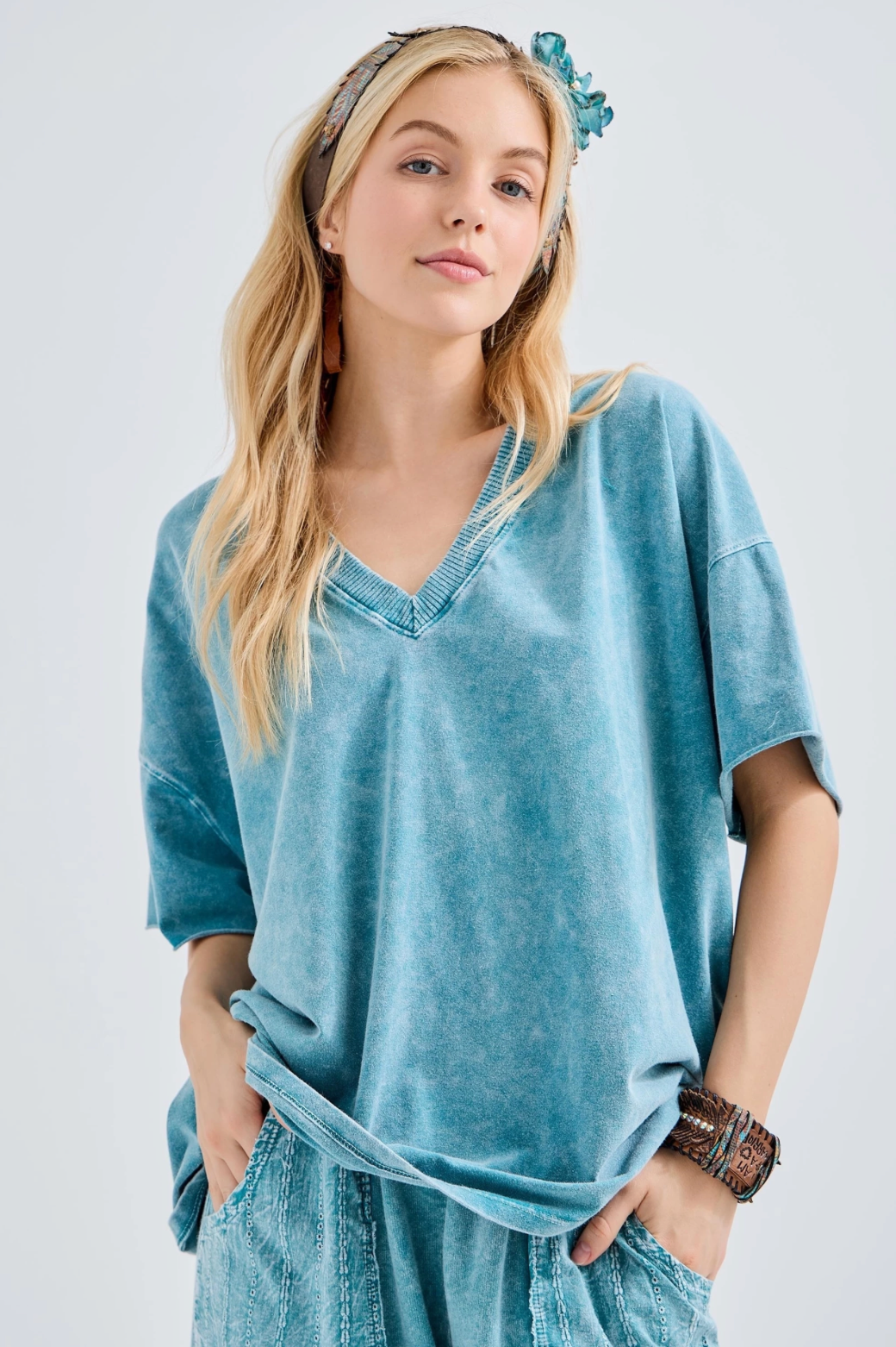 J.Her Luxe Mineral Wash V-Neck Tee | Premium Cotton Stretch Oversized Top
