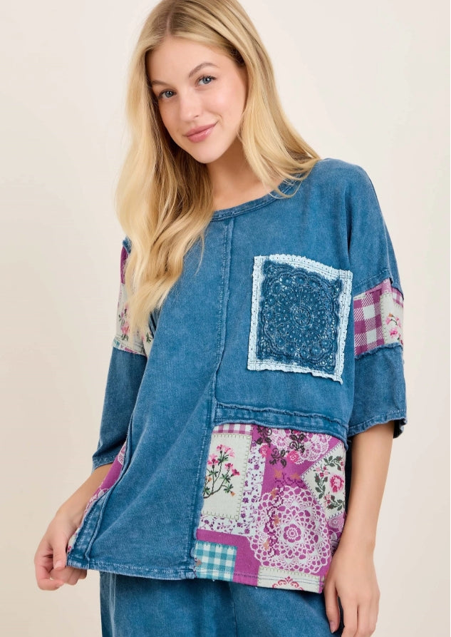 Mineral Washed Patchwork Lace Pocket Top | Slate Blue Denim Boho Oversized Tee