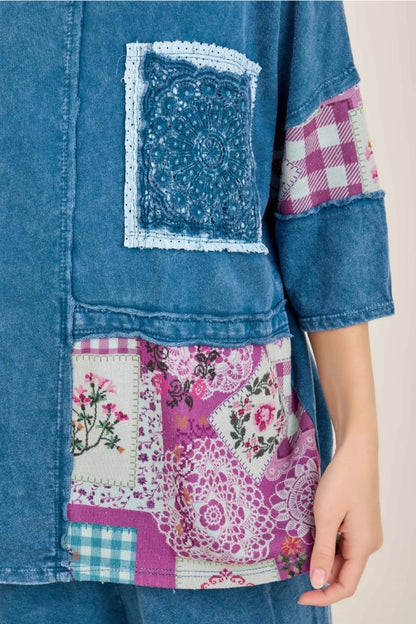 Mineral Washed Patchwork Lace Pocket Top | Slate Blue Denim Boho Oversized Tee