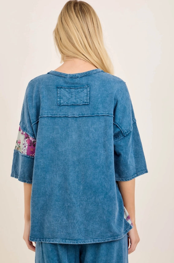 Mineral Washed Patchwork Lace Pocket Top | Slate Blue Denim Boho Oversized Tee
